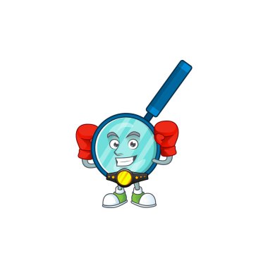 Sportif bir büyüteç boks sporu çizgi film maskotu tasarımı. Vektör illüstrasyonu