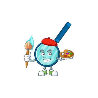 Büyüteç, karikatür karakteri ve fırça sanatçısı. Vektör illüstrasyonu