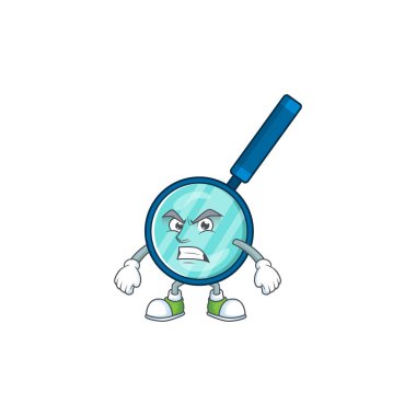 Maskot tasarımı, kızgın yüzlü büyüteç. Vektör illüstrasyonu