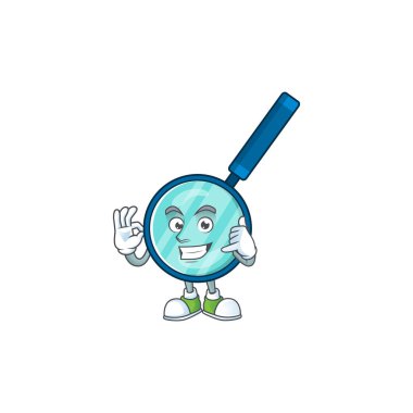 Büyütücü cam maskot çizgi film tasarımı bir jest yapıyor. Vektör illüstrasyonu