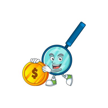 Büyüteç zengini çizgi film karakteri büyük altın sikkeye sahiptir. Vektör illüstrasyonu