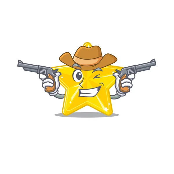 Cute Handsome Cowboy Shiny Star Cartoon Character Guns Vector Illustration — Stock Vector
