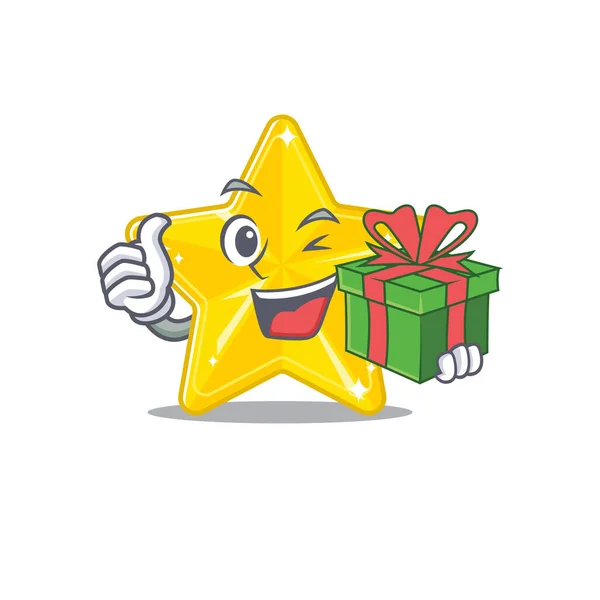 Χαμογελώντας Λαμπερό Αστέρι Χαρακτήρα Κινουμένων Σχεδίων Έχοντας Ένα Πράσινο Κουτί — Διανυσματικό Αρχείο