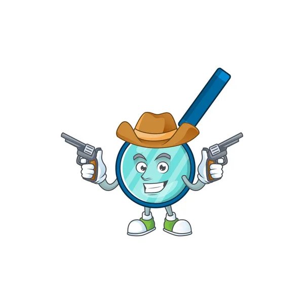 Cowboy Cartoon Character Magnifying Glass Holding Guns Vector Illustration — Stock Vector