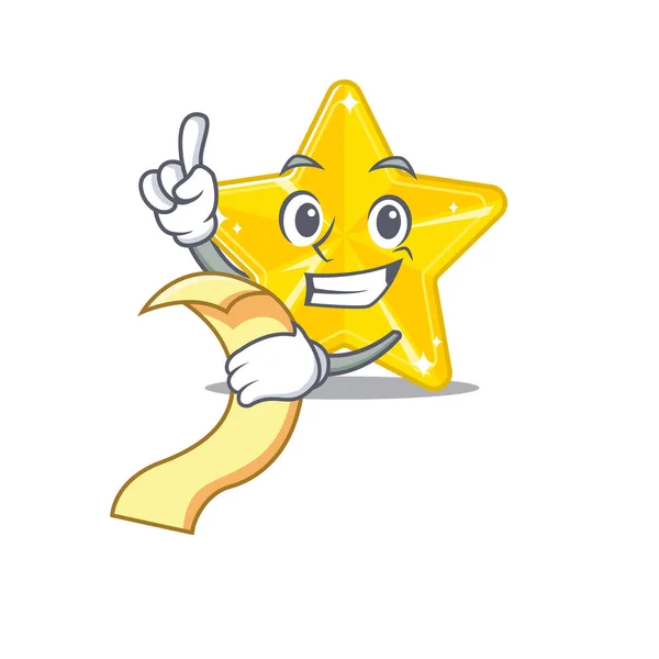 Brillante Mascota Estrella Diseño Carácter Con Menú Mano Ilustración Vectorial — Vector de stock
