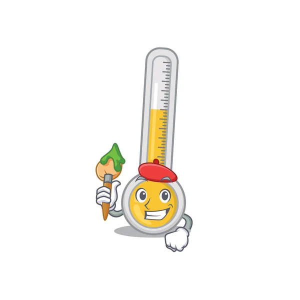 Een Creatieve Warme Thermometer Kunstenaar Mascotte Design Stijl Verf Met — Stockvector