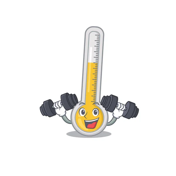 笑顔のマスコットデザインフィットネス運動暖かい温度計は バーベルを持ち上げます ベクターイラスト — ストックベクタ