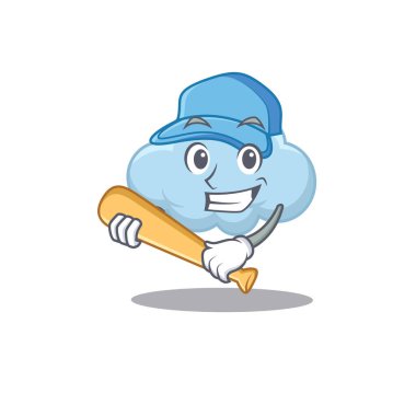 Beyzbol oynayan mavi bulutlu çizgi film karakteri. Vektör illüstrasyonu