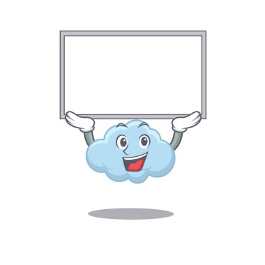 Mavi bulutun maskot tasarımı bir tahtayı kaldırıyor. Vektör illüstrasyonu