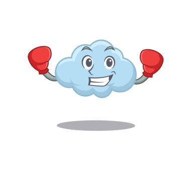 Kırmızı boks eldivenli mavi bulutun spor maskotu tasarımı. Vektör illüstrasyonu