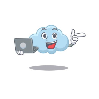 Mavi Bulut karakteri, dizüstü bilgisayarla çalışan zeki bir öğrenci. Vektör illüstrasyonu