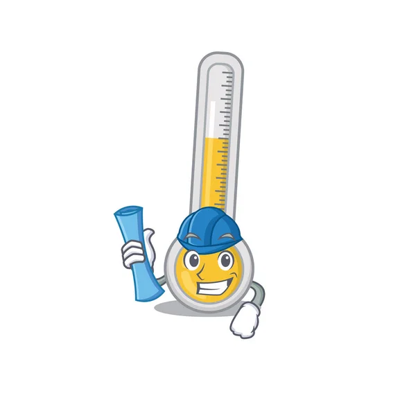 Cartoon Karakter Van Warme Thermometer Brainy Architect Met Blauwe Prints — Stockvector