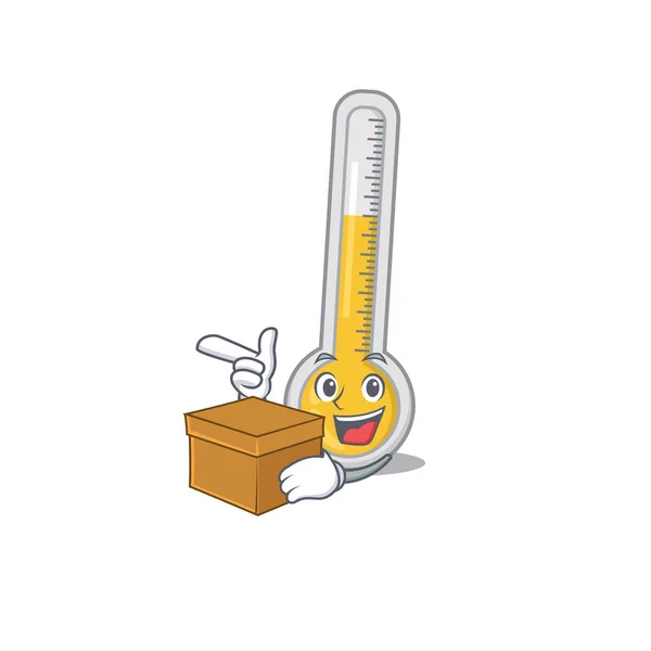 Picture Warm Thermometer Cartoon Design Concept Holding Box Vector Illustration — Stock Vector