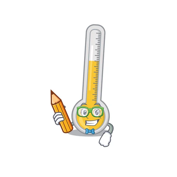 Eine Mutige Studentin Wärmt Thermometer Cartoon Figur Mit Bleistift Und — Stockvektor