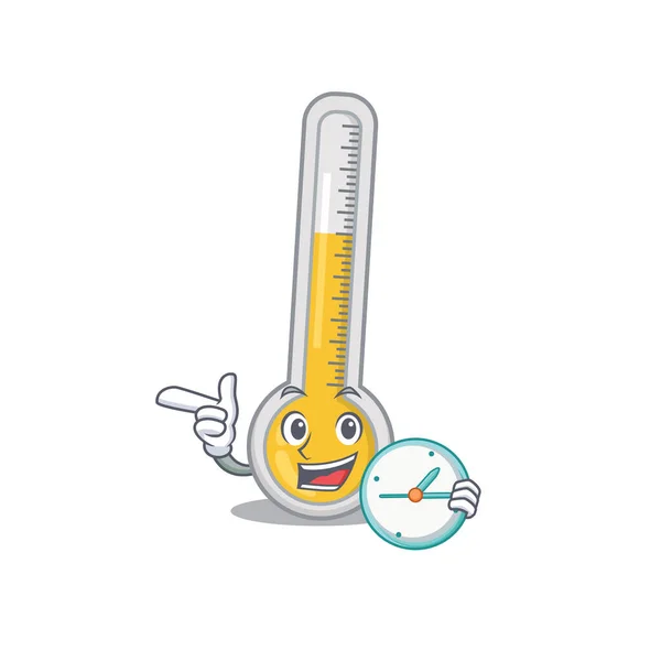 Warmes Thermometer Maskottchen Design Konzept Lächelnd Mit Uhr Vektorillustration — Stockvektor