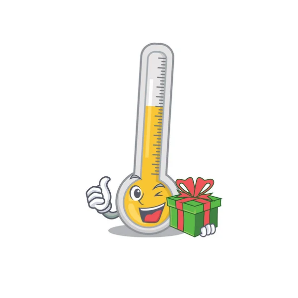 Lachende Warme Thermometer Stripfiguur Met Een Groene Geschenkdoos Vectorillustratie — Stockvector