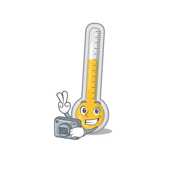 Warme Thermometer Mascotte Ontwerp Als Een Professionele Fotograaf Werken Met — Stockvector