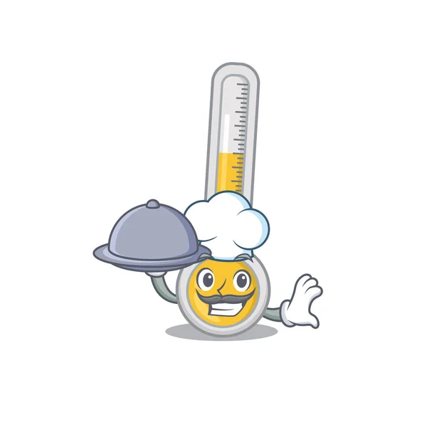 Warme Thermometer Chef Kok Stripfiguur Serveert Eten Dienblad Vectorillustratie — Stockvector