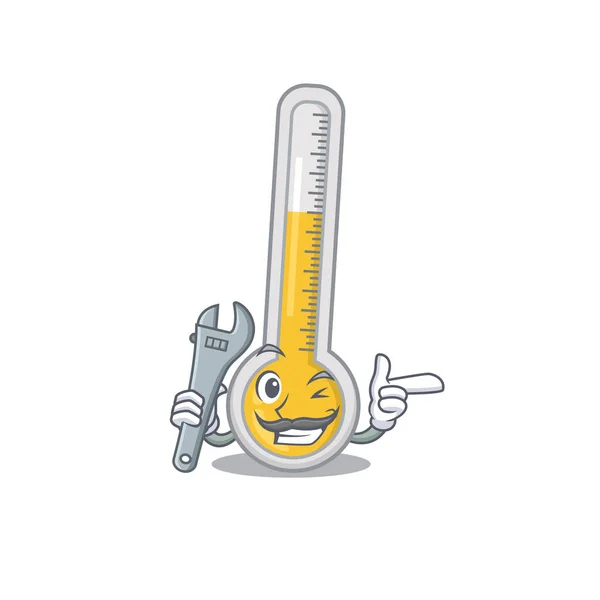 Een Beeld Van Warme Thermometer Monteur Mascotte Ontwerp Concept Vectorillustratie — Stockvector