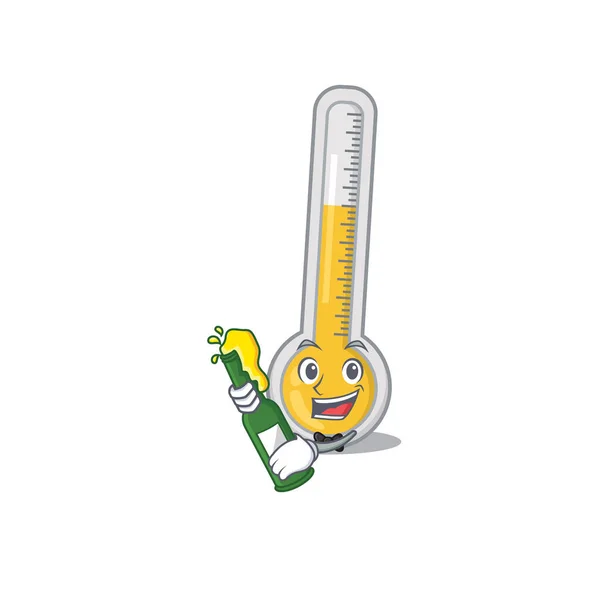 Desenho Caráter Mascote Termômetro Quente Diz Saúde Com Garrafa Cerveja — Vetor de Stock