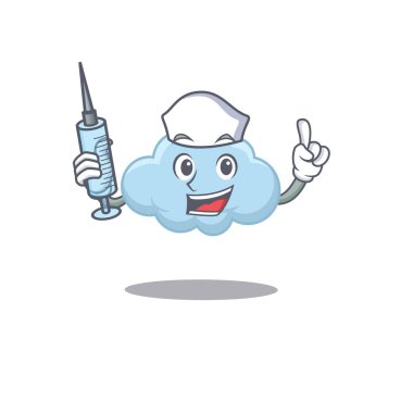 Mavi Bulut Maskotu Tasarımı 'ndan şırıngalı hoş bir hemşire. Vektör illüstrasyonu