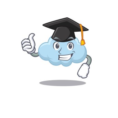 Tören için siyah mezuniyet şapkalı mavi bulutun mutlu yüzü. Vektör illüstrasyonu