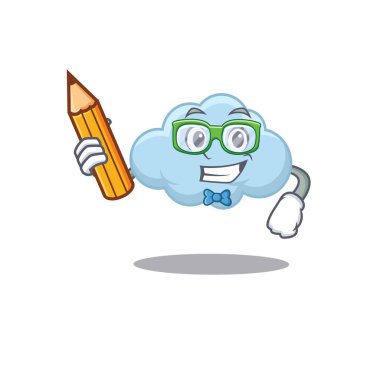 Kalem ve gözlüklü zeki bir mavi bulut çizgi film karakteri. Vektör illüstrasyonu