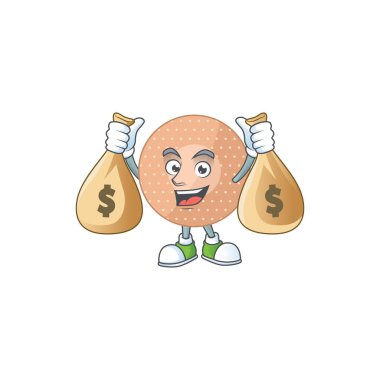 Mutlu, zengin, yuvarlak bandajlı, para çantaları olan karikatür karakteri. Vektör illüstrasyonu