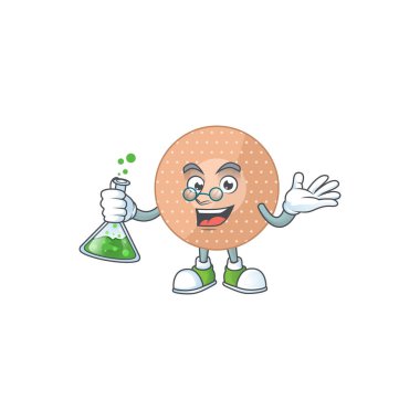 Yuvarlak bandaj dehası Profesör Çizgi Film karakteri elinde cam tüp tutuyor. Vektör illüstrasyonu