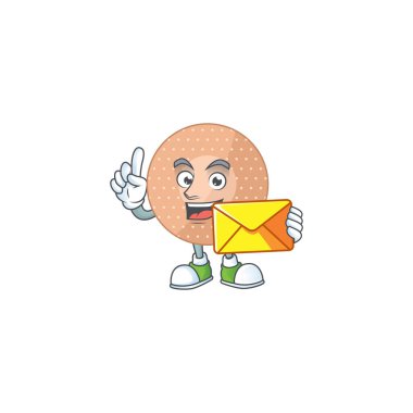 Şirin yüz yuvarlak bandaj maskotu tasarımı kahverengi zarf getiriyor. Vektör illüstrasyonu