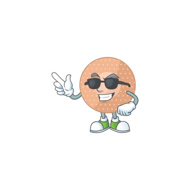 Siyah gözlük takan süper sevimli, yuvarlak bandajlı çizgi film karakteri. Vektör illüstrasyonu