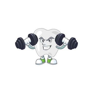 Fitness diş egzersizi çizgi film karakteri halterleri kullanıyor. Vektör illüstrasyonu