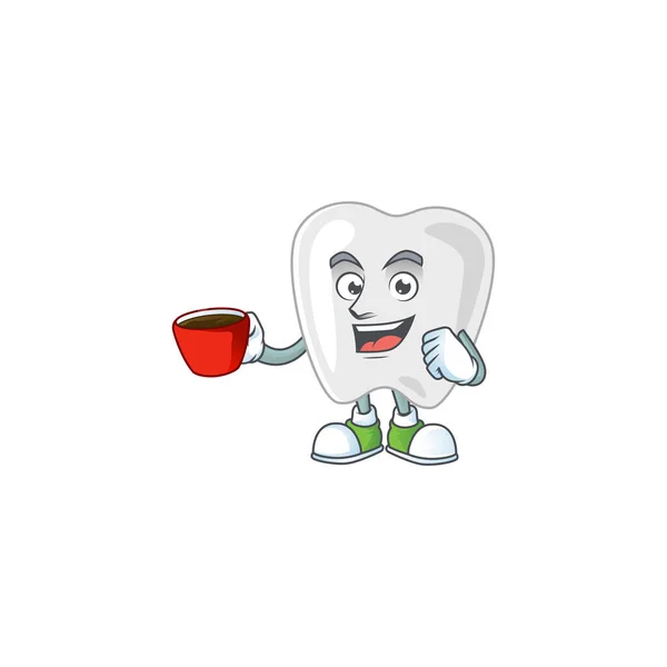 Bir Fincan Kahveyle Dişlerin Karikatür Karakteri Vektör Illüstrasyonu — Stok Vektör