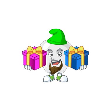 Gülümseyen diş çizgi film dizaynı Noel hediyeleri taşıyor. Vektör illüstrasyonu