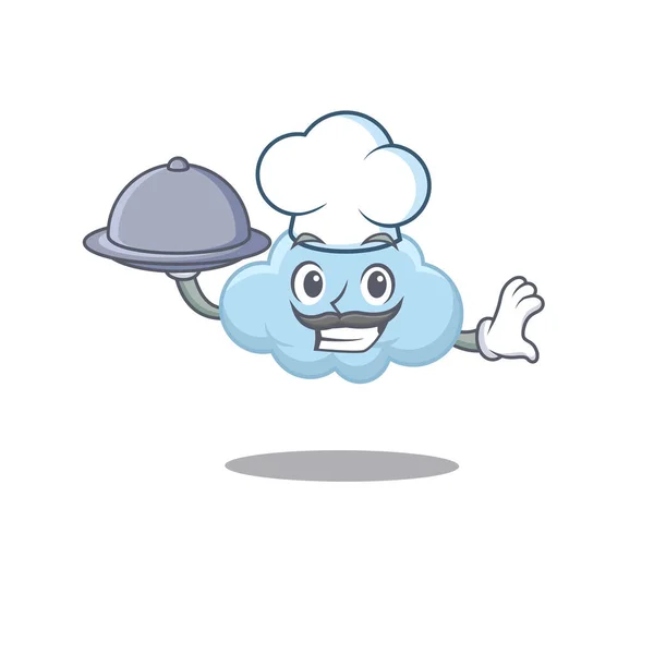 Nuvem Azul Chef Personagem Cartoon Servindo Comida Bandeja Ilustração Vetorial — Vetor de Stock