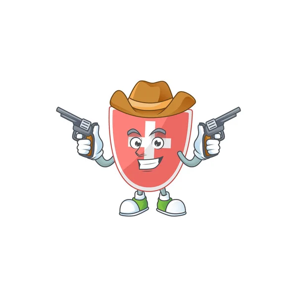 Cowboy Cartoon Character Medical Shield Holding Guns Vector Illustration — Stock Vector