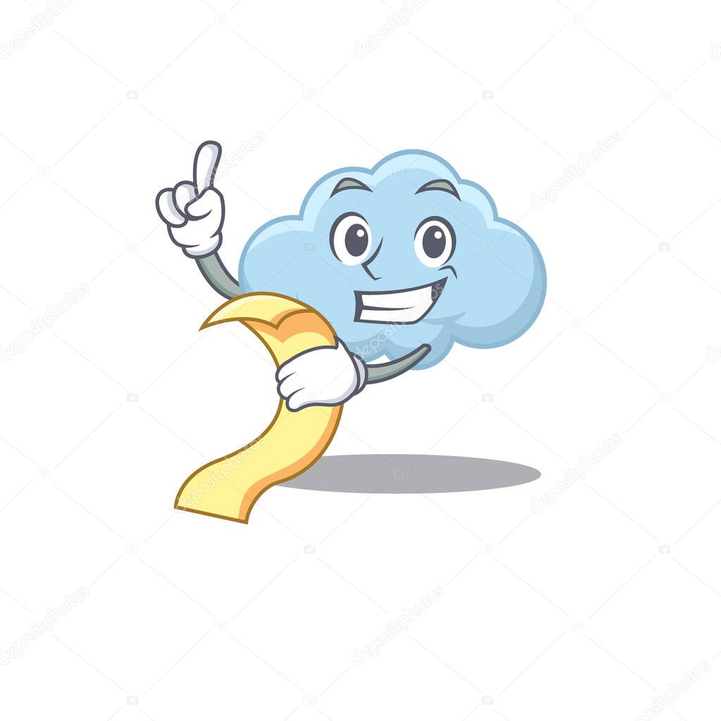 Blue cloud mascot character design with a menu on his hand. Vector illustration