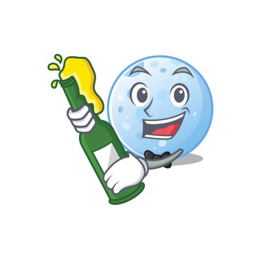 Mavi ayın maskotluk tasarımı bir şişe birayla şerefe diyor.