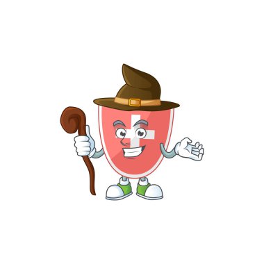 Şirin ve sinsi cadı tıbbi kalkan çizgi film tasarımı tarzı. Vektör illüstrasyonu