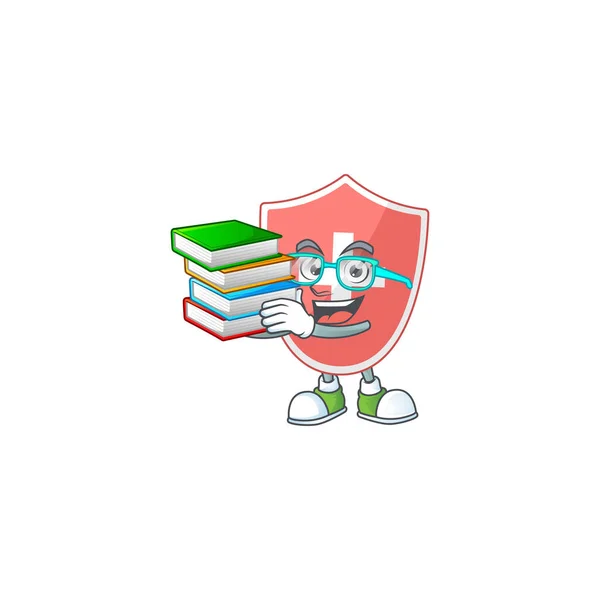 Design Mascote Personagem Estudante Escudo Médico Com Livro Ilustração Vetorial — Vetor de Stock