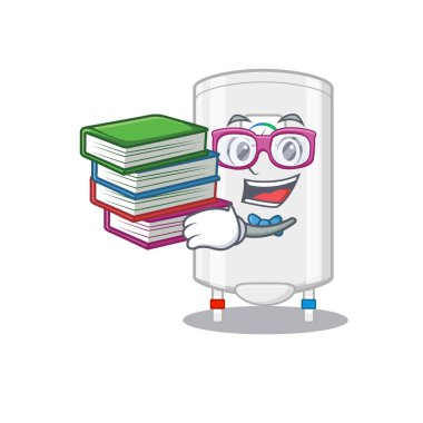 Gaz suyu ısıtıcısı maskotu tasarımı konusunda çalışkan bir öğrenci ve kitaplar.