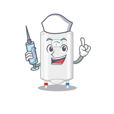 Gazlı su ısıtıcısı maskotu tasarımlı, şırıngalı hoş bir hemşire.