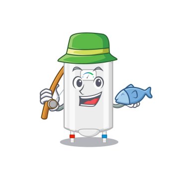 Balık tutarken gaz suyu ısıtıcısı çizgi film tasarımı kavramı