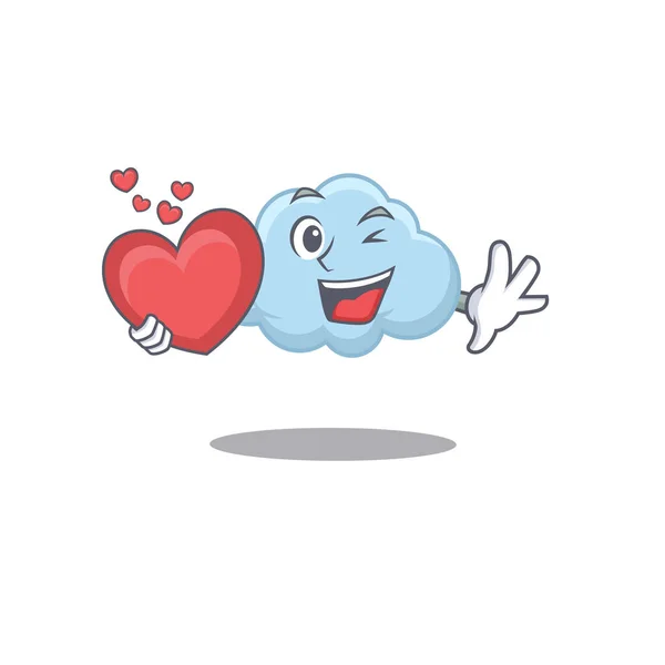 Um doce azul nuvem desenho animado estilo de personagem com um coração —  Vetores de Stock