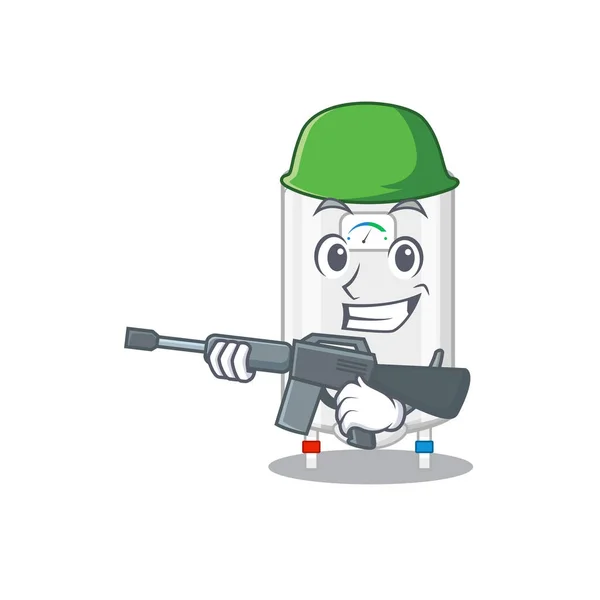 Uma imagem dos desenhos animados do aquecedor de água a gás no estilo do exército com metralhadora —  Vetores de Stock