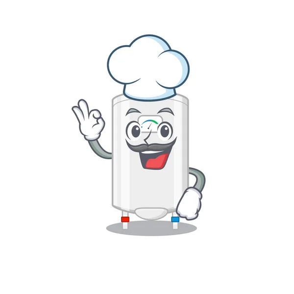 Gas-Warmwasserbereiter Koch Cartoon-Design-Stil trägt weißen Hut — Stockvektor