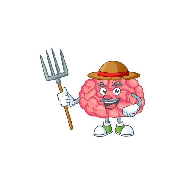 Mascotte Style Conception Cerveau Fermier Avec Chapeau Fourche Illustration Vectorielle — Image vectorielle