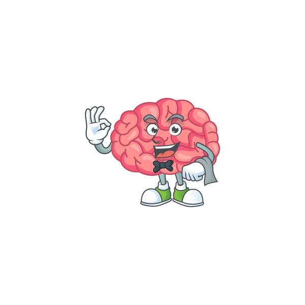Brain Waiter Cartoon Character Ready Serve Vector Illustration — Stock Vector