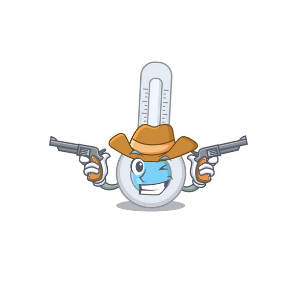 Cute handsome cowboy of cold thermometer cartoon character with guns — Stock Vector