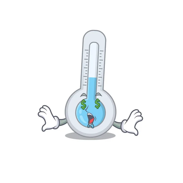 Rijk Cartoon Karakter Ontwerp Van Koude Thermometer Met Geld Ogen — Stockvector